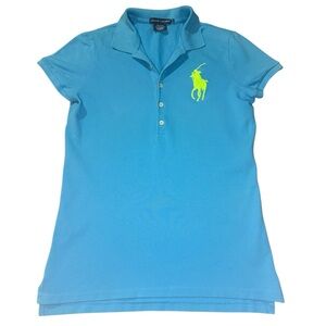 Ralph Lauren Y2K Blue Polo Shirt Cotton Neon Green Pony Logo Preppy Country Club